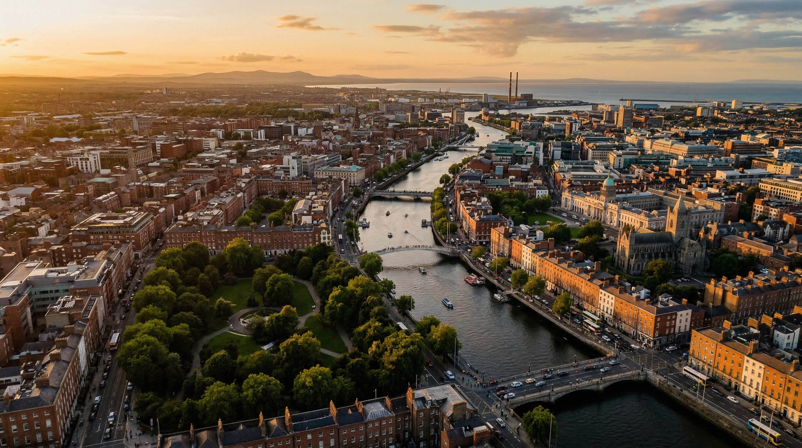 Dublin cityscape at golden hour with the River Liffey