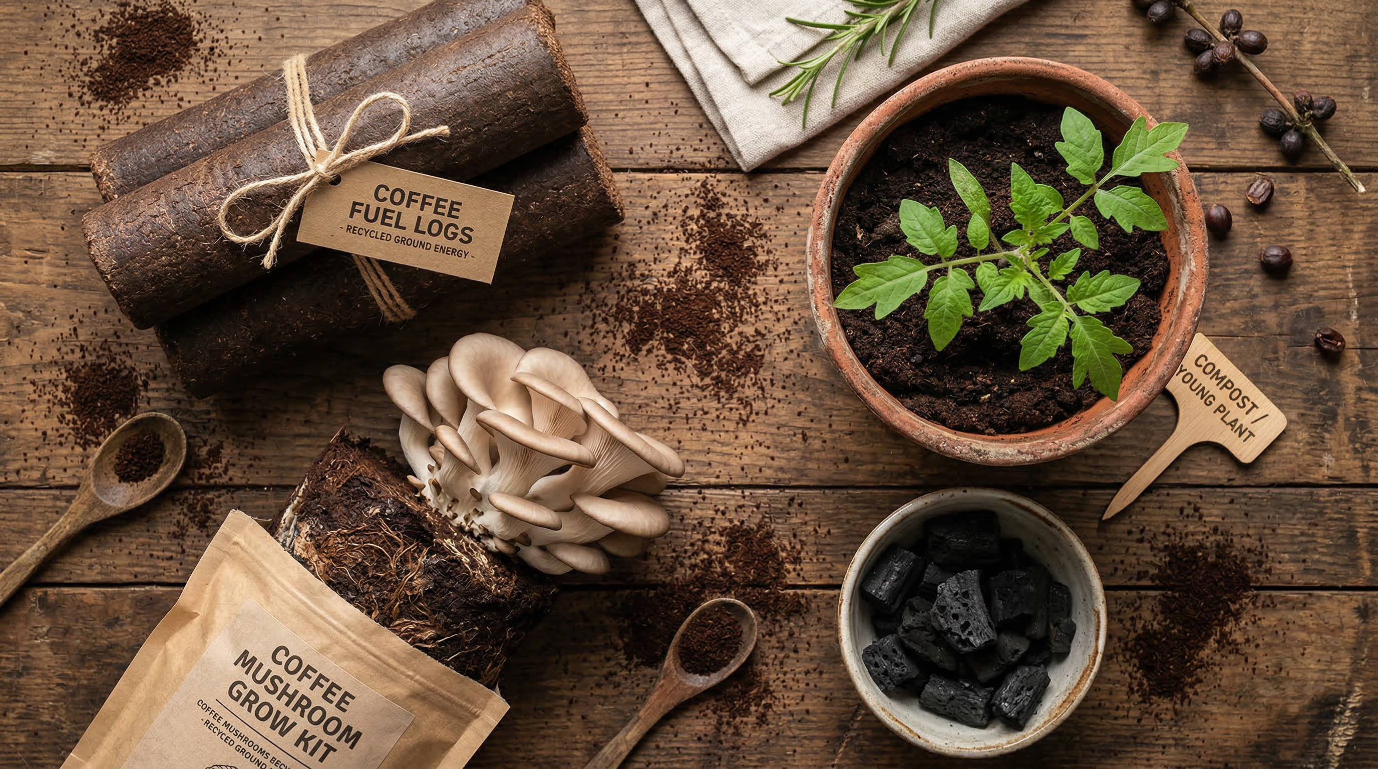 Products made from recycled coffee grounds — logs, mushrooms, compost, and biochar