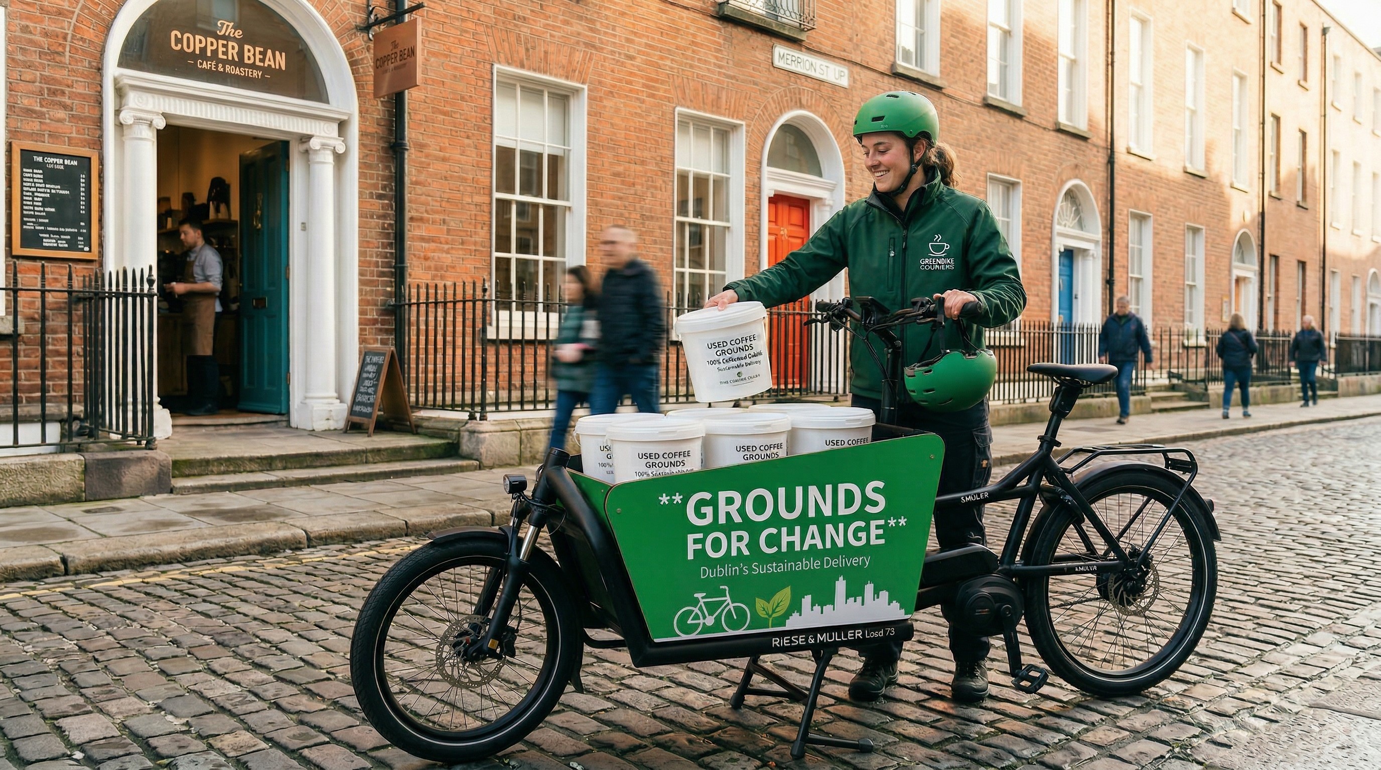 Electric cargo bike collecting coffee grounds from a Dublin cafe