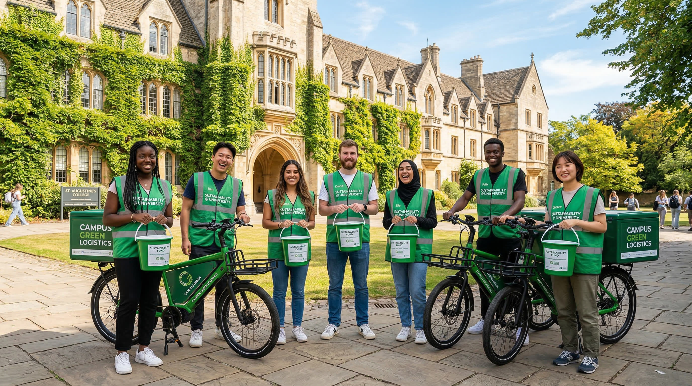 University students with electric cargo bikes for coffee grounds collection